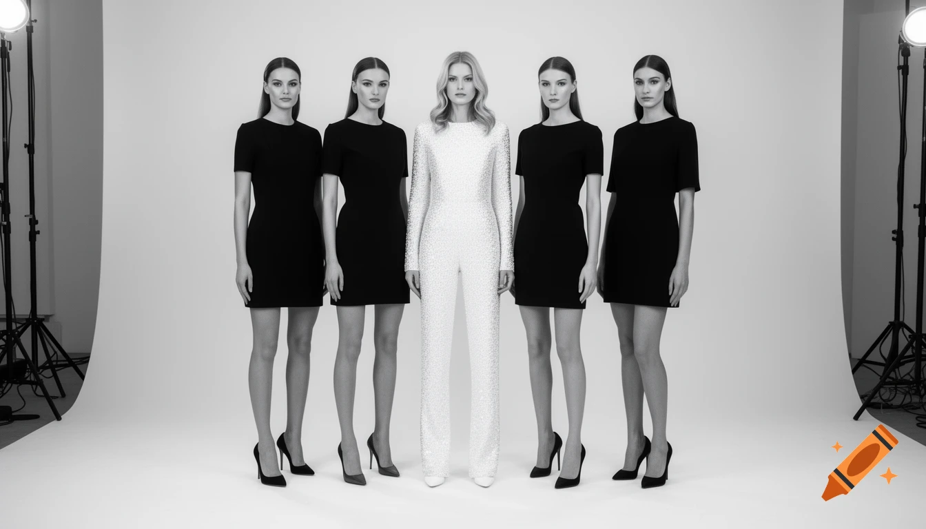 Five women, four in black dresses and one in a white glittery jumpsuit, stand in a black and white fashion studio photo.