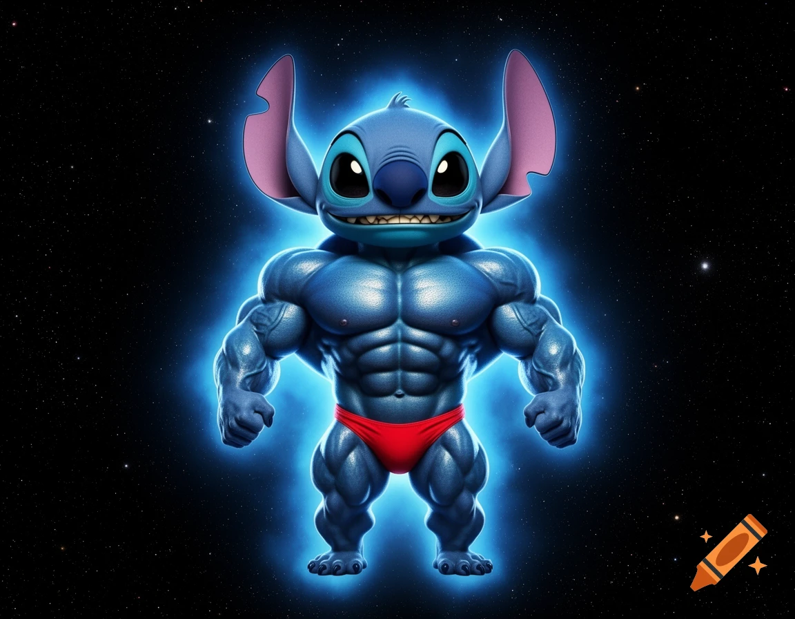 Hyper-realistic, muscular Stitch from Lilo & Stitch in a red posing thong, floating in space with a blue aura.