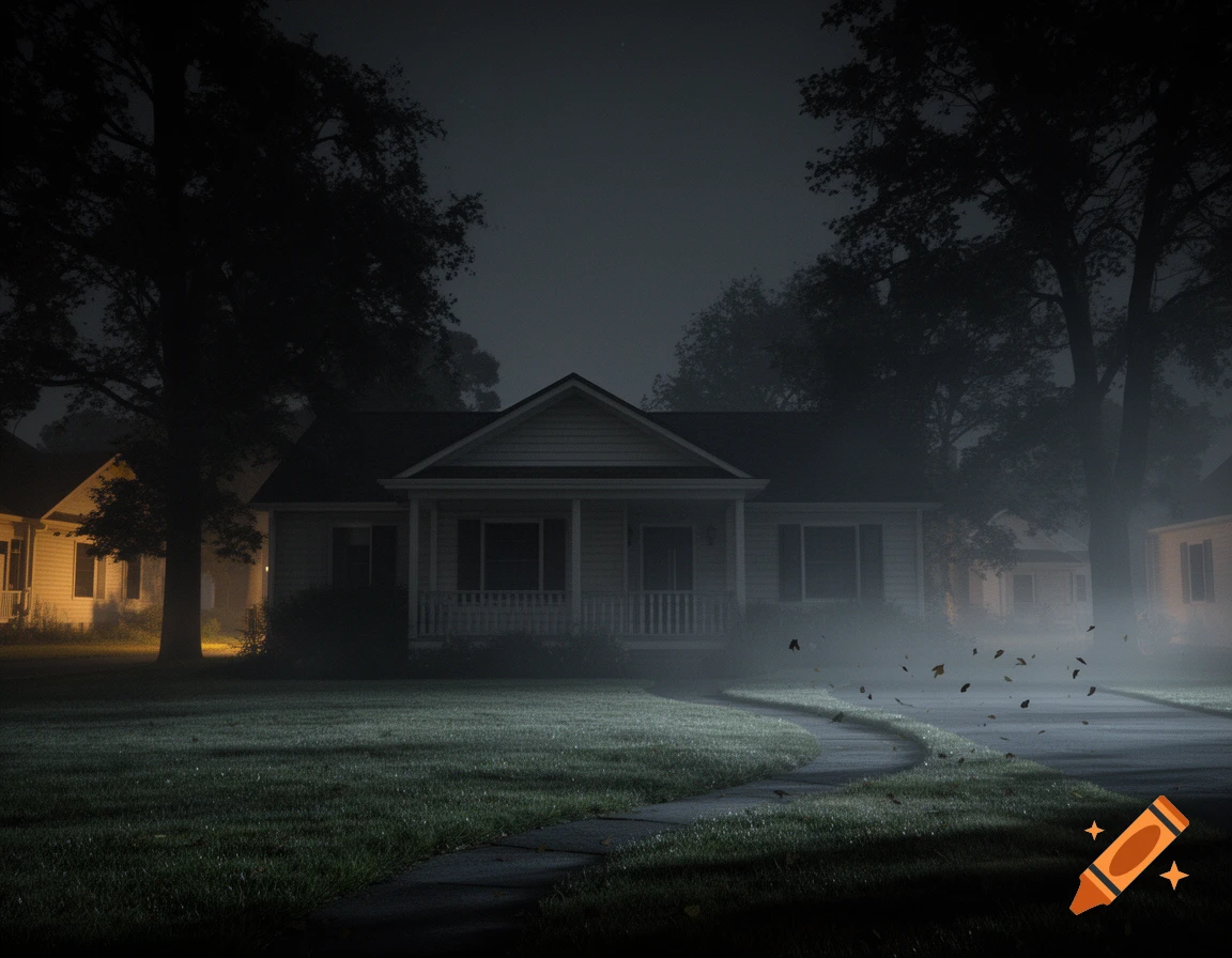 Eerie night scene of a suburban house with dark windows, fog, and falling leaves.