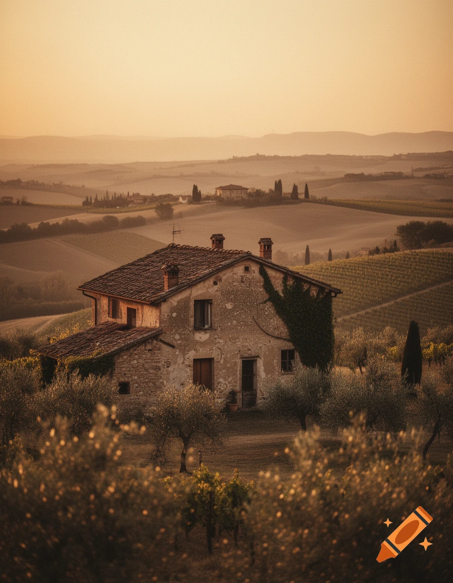An old, rustic stone house stands amidst rolling Italian countryside hills and vineyards during a golden hour sunset.