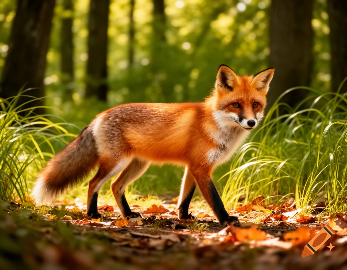 A photorealistic red fox stands on a leafy forest path, surrounded by tall green grass and trees.