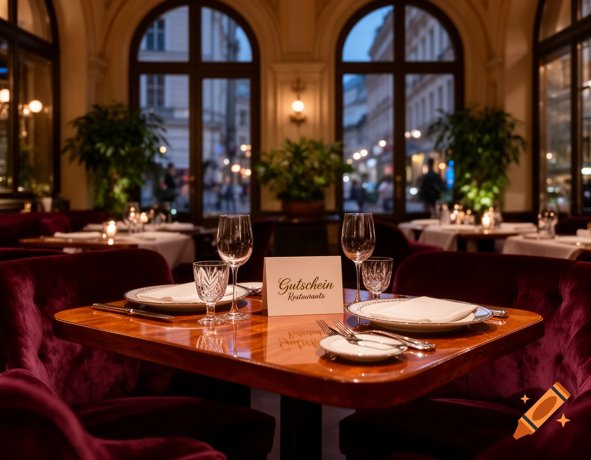 A elegantly set dining table with two place settings and red velvet chairs in a luxurious restaurant with arched windows overlooking a city street at dusk.