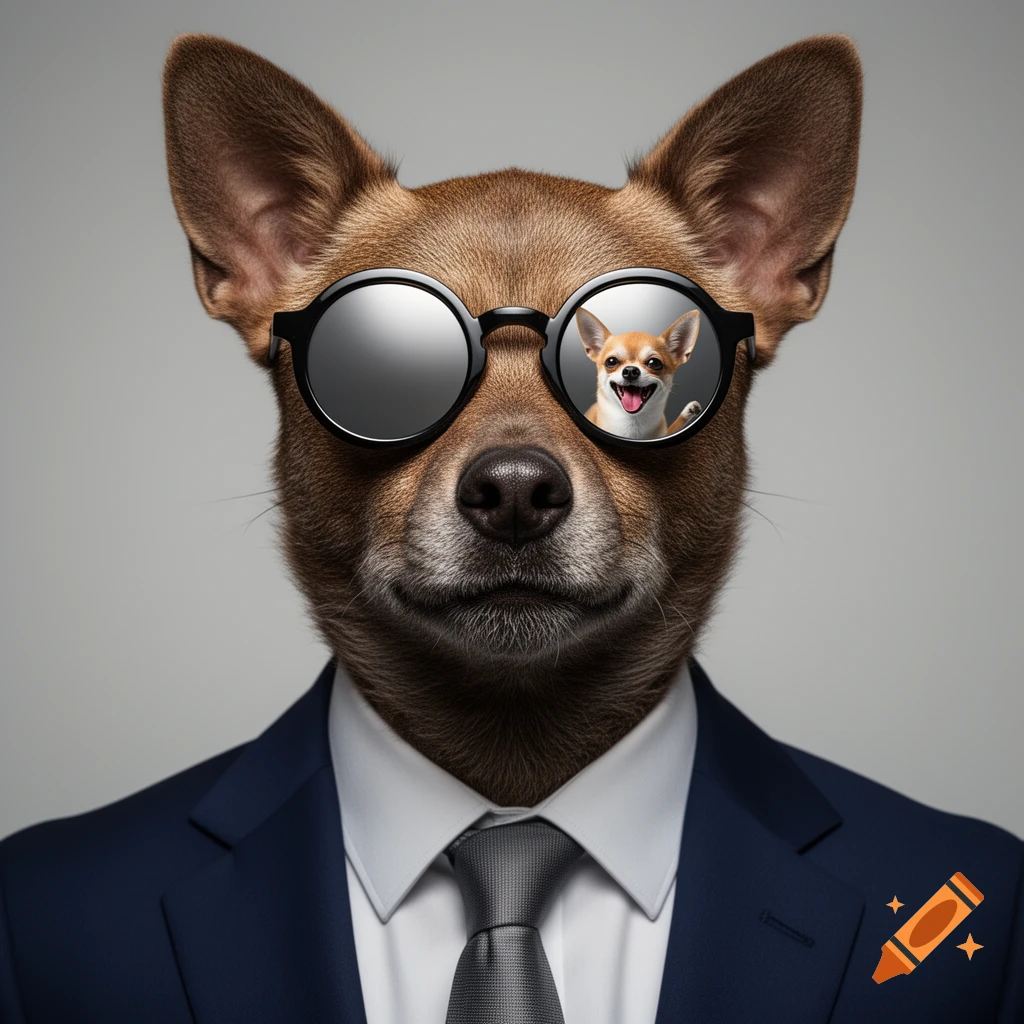 Photorealistic portrait of a brown dog in a blue suit and sunglasses, with a happy chihuahua reflected in one lens.