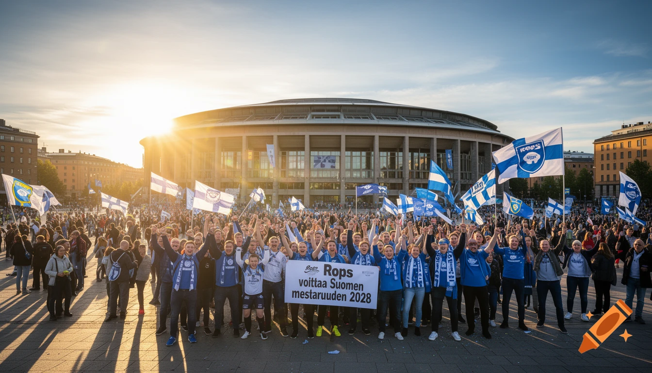 A large crowd of people, some wearing blue and white, cheer and hold flags in front of a stadium at sunset. A banner reads 'Rops wins the Finnish championship 2028'.