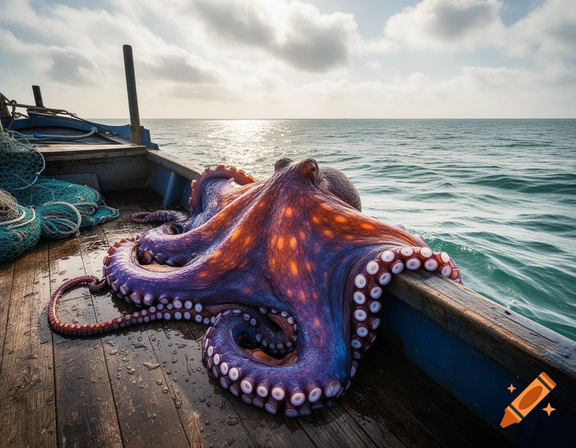 A vibrant purple and orange octopus rests on the wet wooden deck of a fishing boat, overlooking the open ocean.