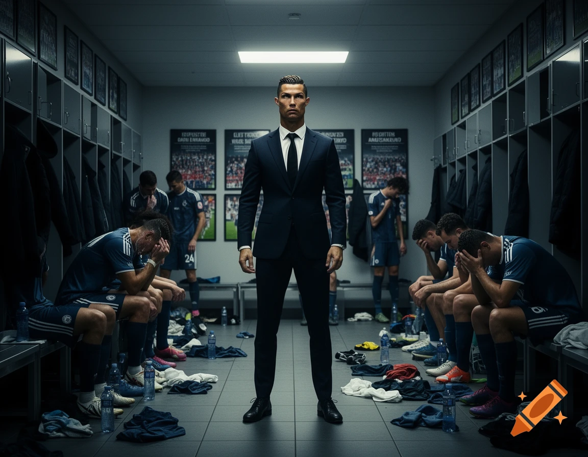 Photorealistic image of Cristiano Ronaldo in a suit standing confidently in a locker room while dejected football players sit around him.