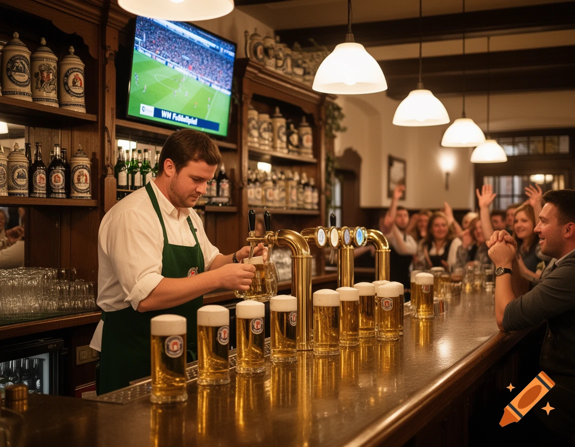 A photorealistic image of a bartender pouring beer at a busy bar with patrons watching a football game on a TV screen.