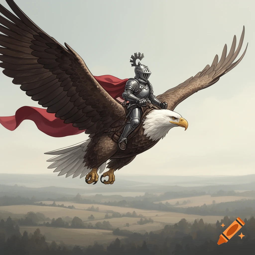 A knight in full armor with a red cape rides on the back of a large bald eagle, flying over a misty, forested landscape.