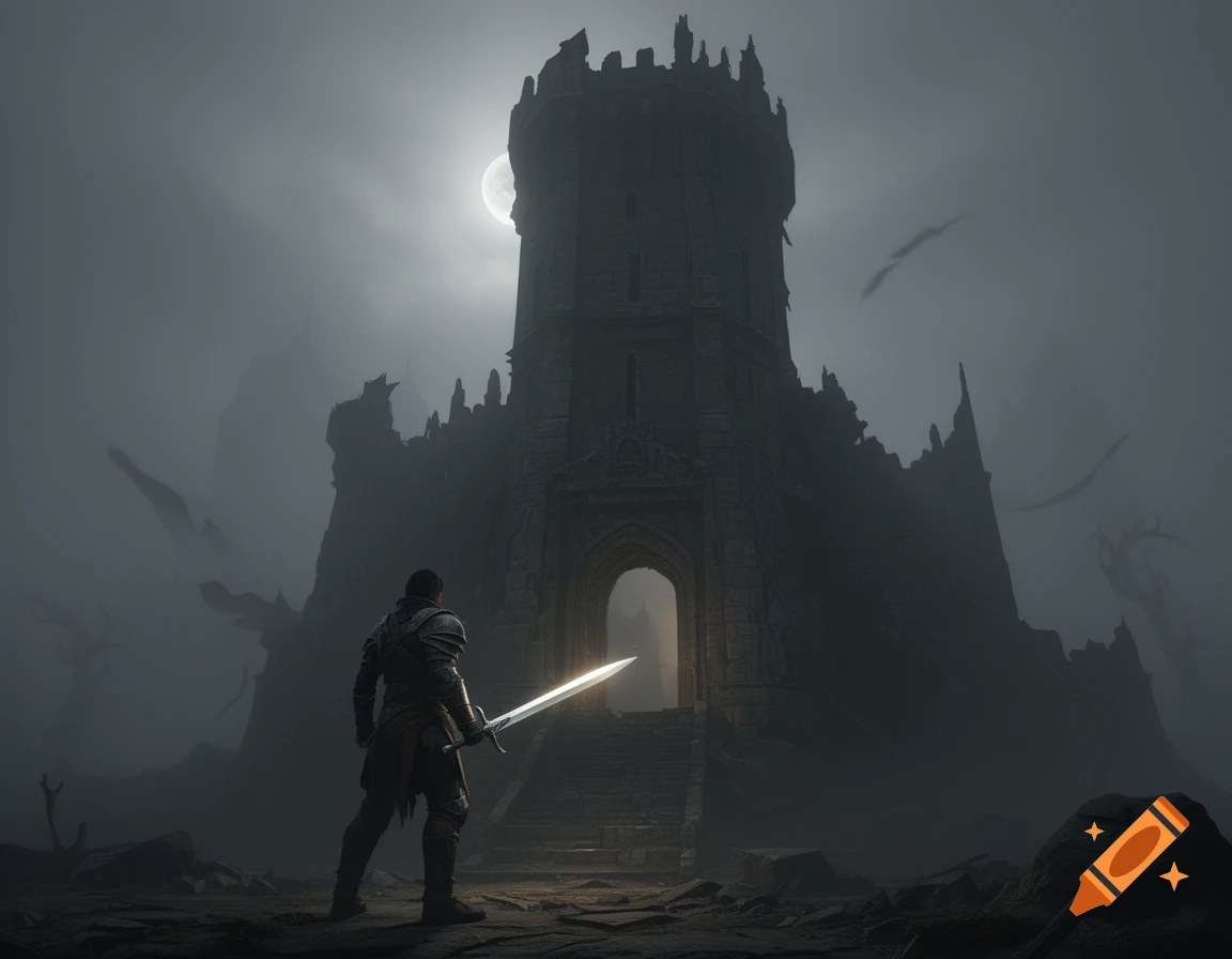 A knight with a glowing sword stands before a dark, ominous castle under a full moon in a foggy, dark fantasy digital painting.