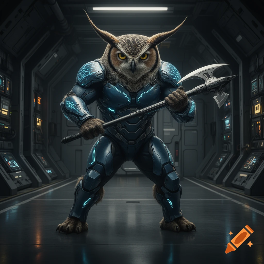A powerful humanoid owl in glowing blue sci-fi armor holds a pole axe in a futuristic spaceship corridor.