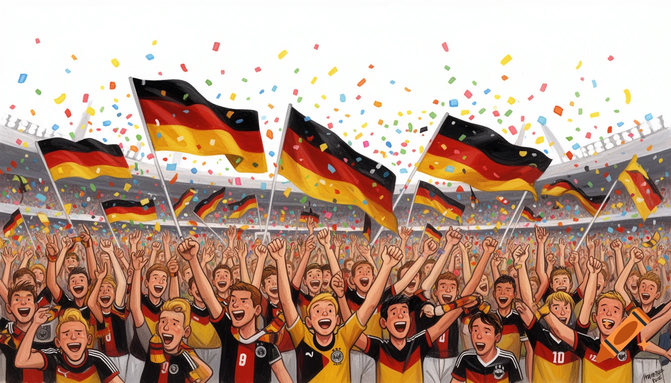 Cartoon illustration of a joyful crowd of German football fans cheering in a stadium, waving flags and surrounded by confetti.