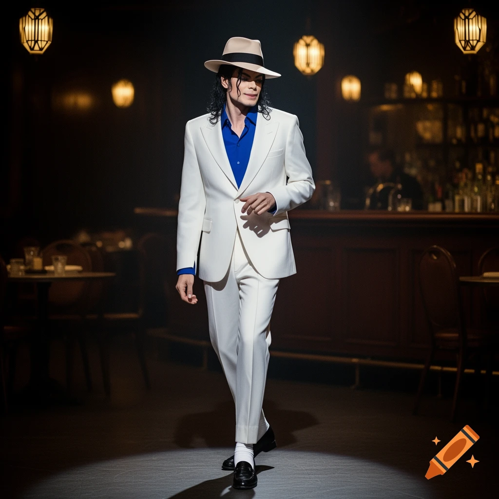 Photorealistic image of Michael Jackson in a white suit and fedora, walking forward in a dimly lit bar with glowing lanterns.