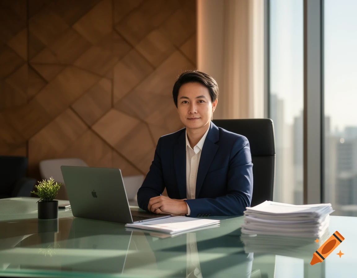 A professional Asian man in a suit sits at a modern glass desk with a laptop and papers, in a high-rise office with a city view.
