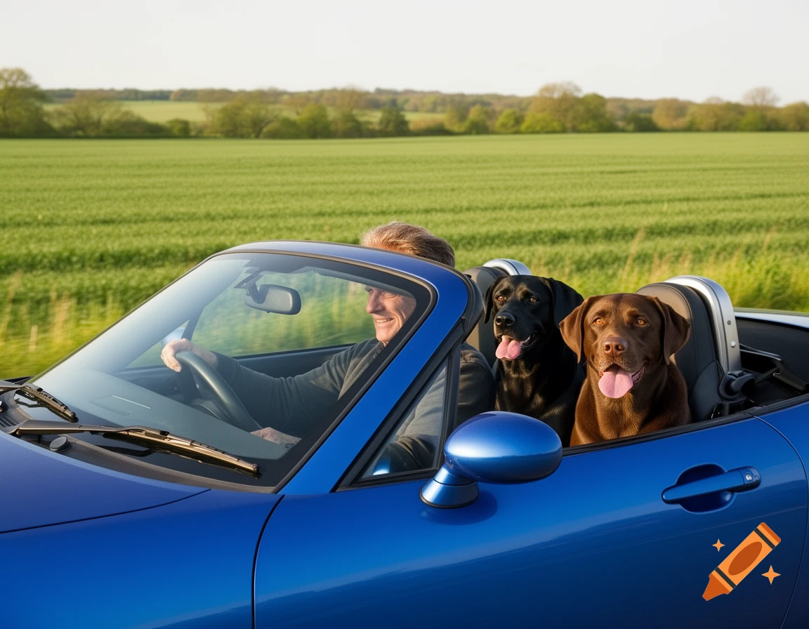 A man drives a blue convertible with a black and a brown Labrador in the passenger seat past green fields.