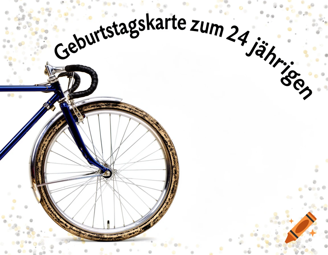 Photorealistic front half of a blue bicycle with chrome fenders on a white background with confetti. Text: 'Geburtstagskarte zum 24 jährigen'.