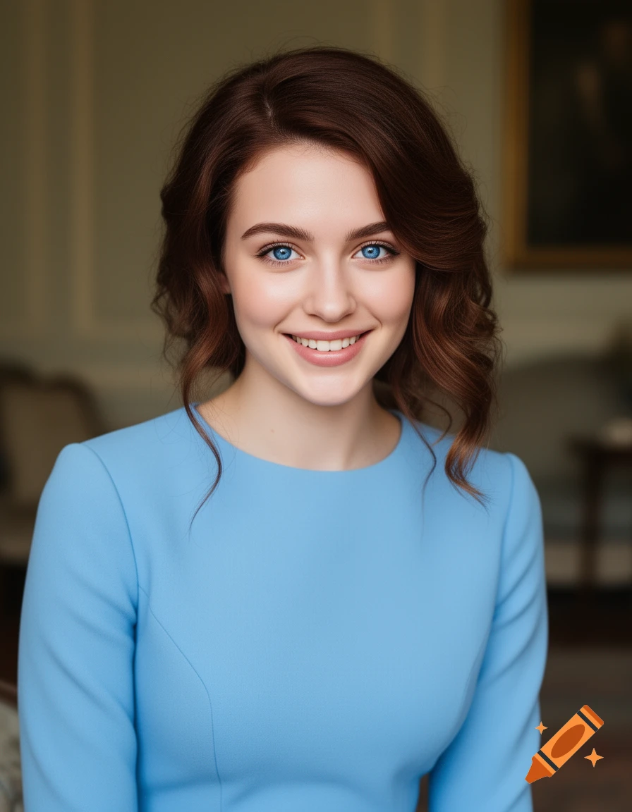 Photorealistic portrait of a smiling young woman with brown hair and striking blue eyes, wearing a sky blue dress.