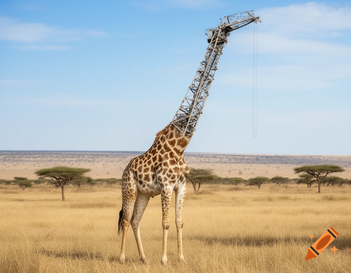 A photorealistic giraffe in a dry savanna, its neck replaced by a towering metal crane structure, under a blue sky.