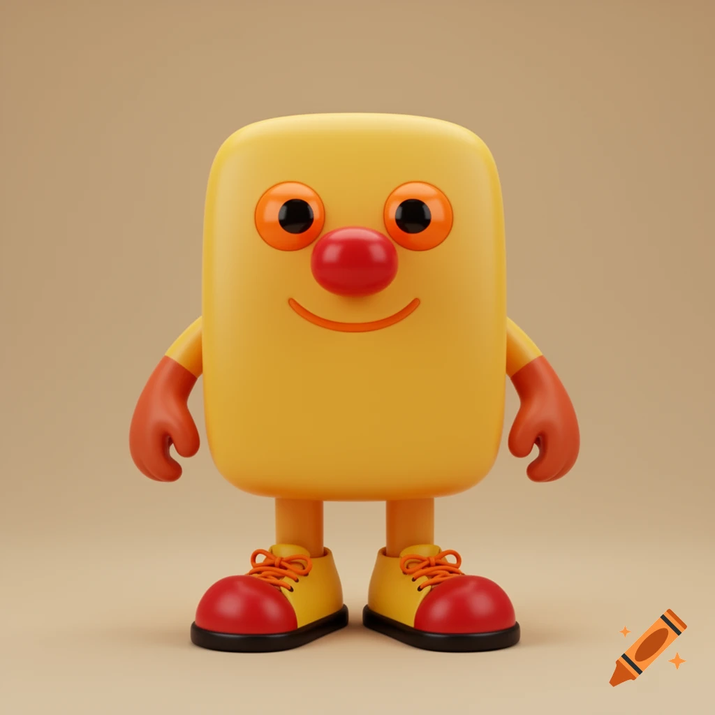 A 3D animated yellow character with a red nose, orange eyes, and a smile, wearing red and yellow sneakers on a beige background.