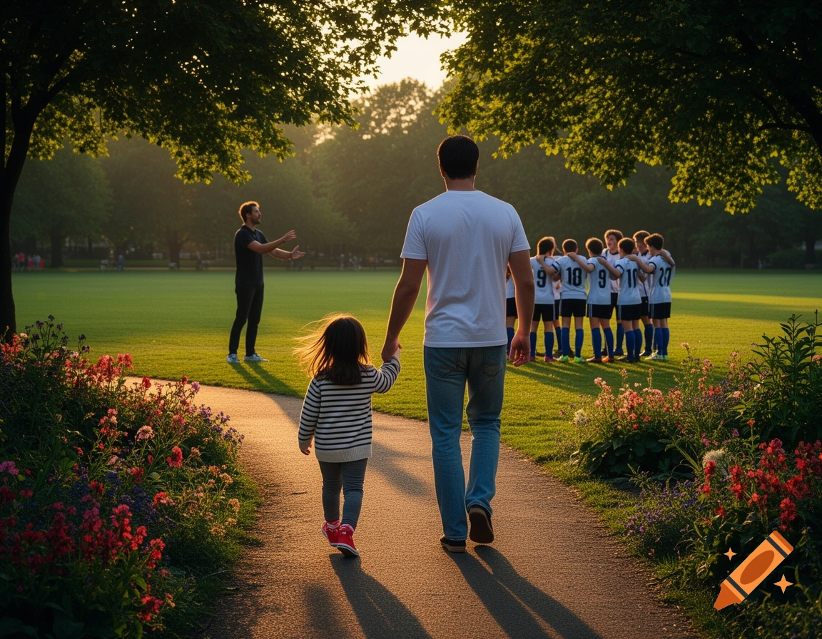 Father and child holding hands walk on a path at sunset towards a huddling youth soccer team in a park.