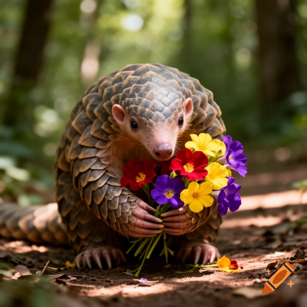 A pangolin holding a colorful bouquet of red, yellow, and purple flowers in a forest.