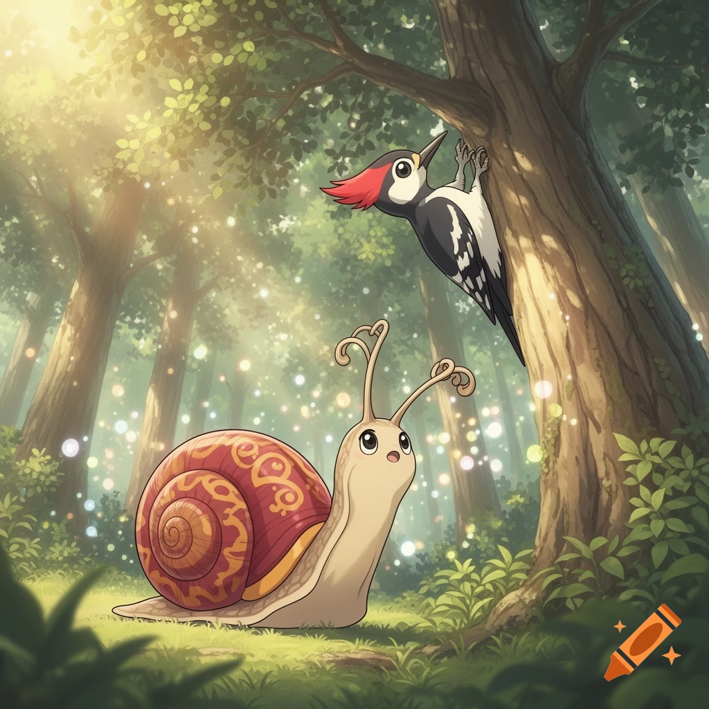 An anime snail with a patterned shell looks up at a woodpecker on a tree in a sun-dappled, sparkling forest.