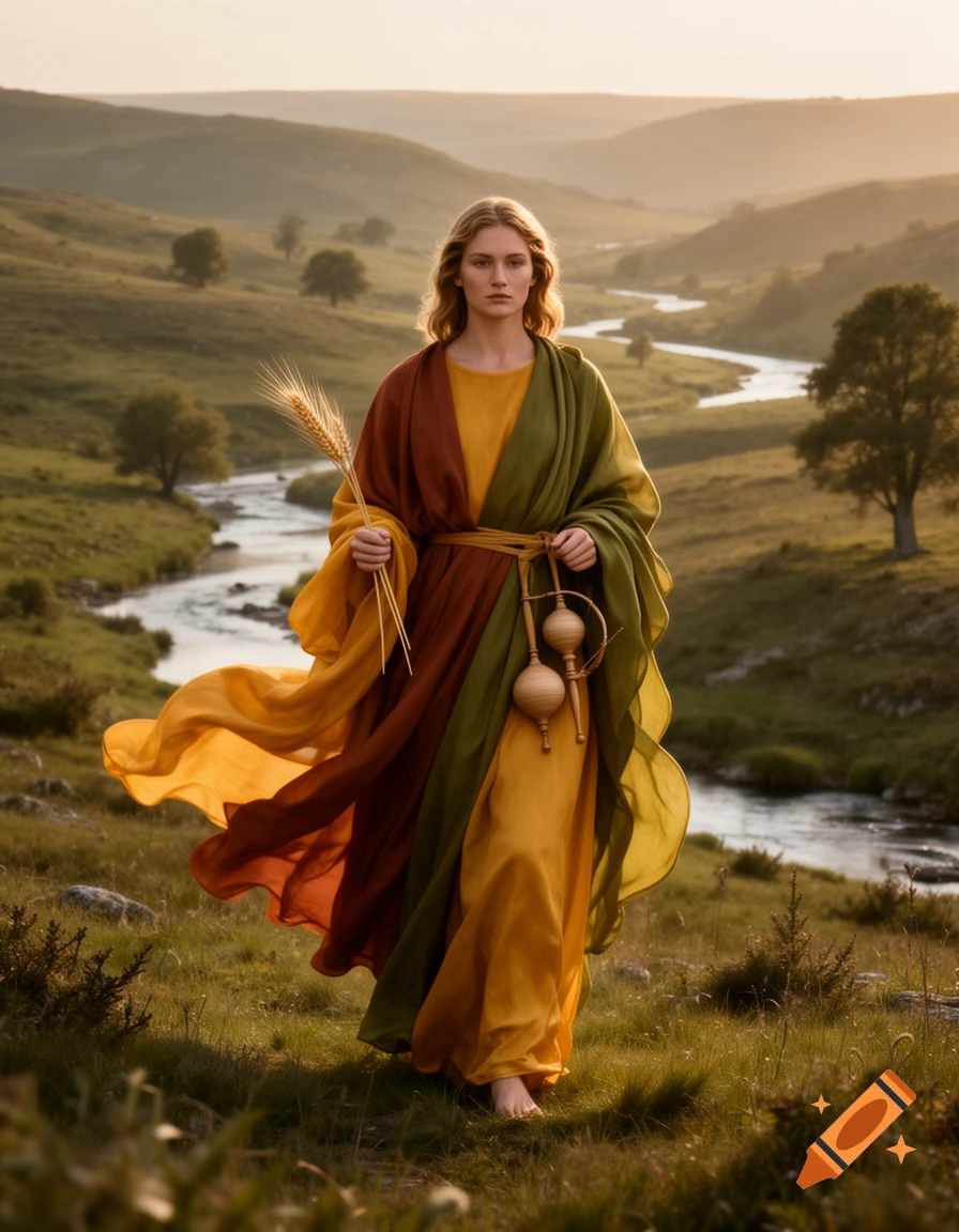 A woman in flowing multi-colored robes stands in a grassy landscape with a river, holding wheat and wooden objects in golden light.
