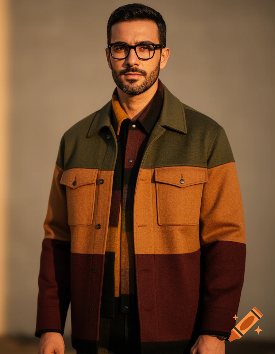 A man with a beard and glasses in a stylish color-block jacket (olive, mustard, burgundy) in warm light.
