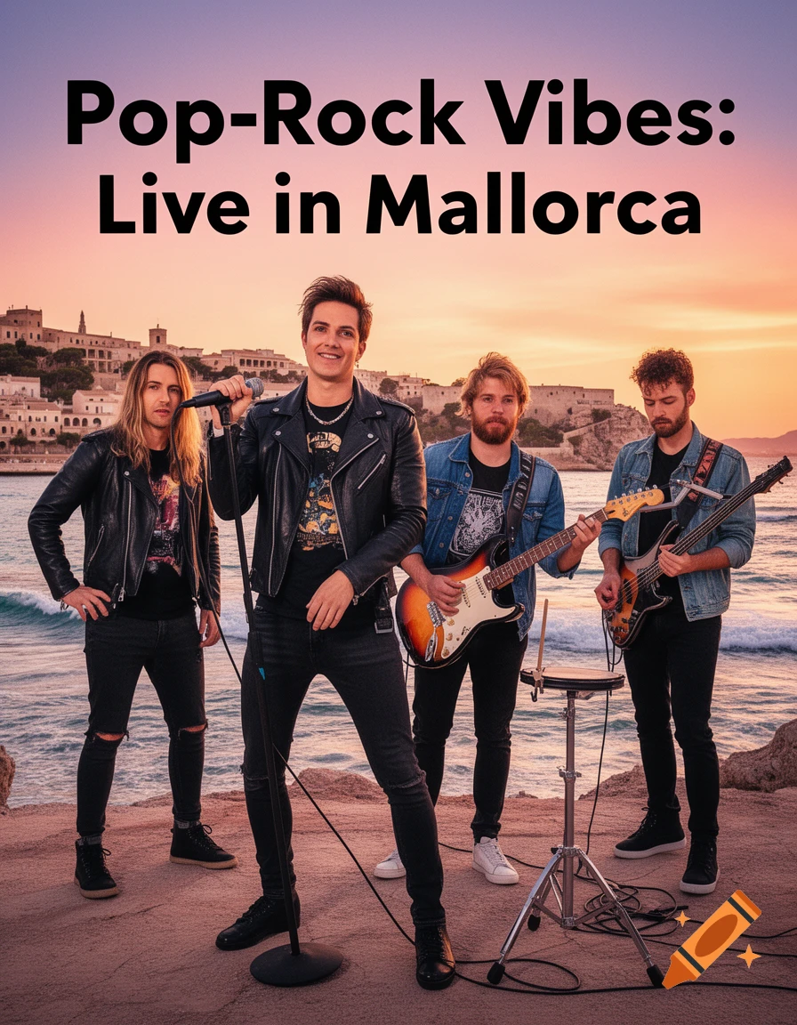 A pop-rock band performs on a rocky beach at sunset. Text: Pop-Rock Vibes: Live in Mallorca.