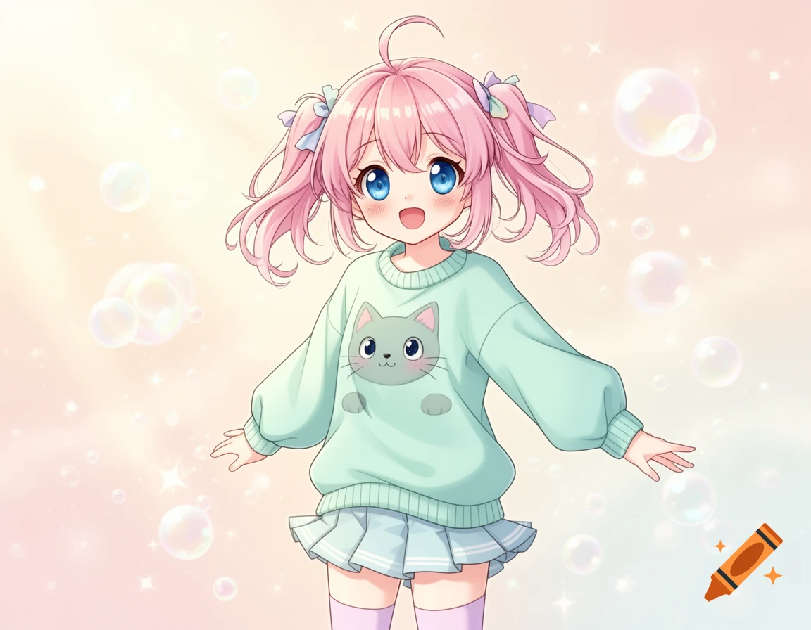 Cute anime girl with pink pigtails and blue eyes, wearing a mint green sweater with a cat design, against a bubbly, sparkling background.