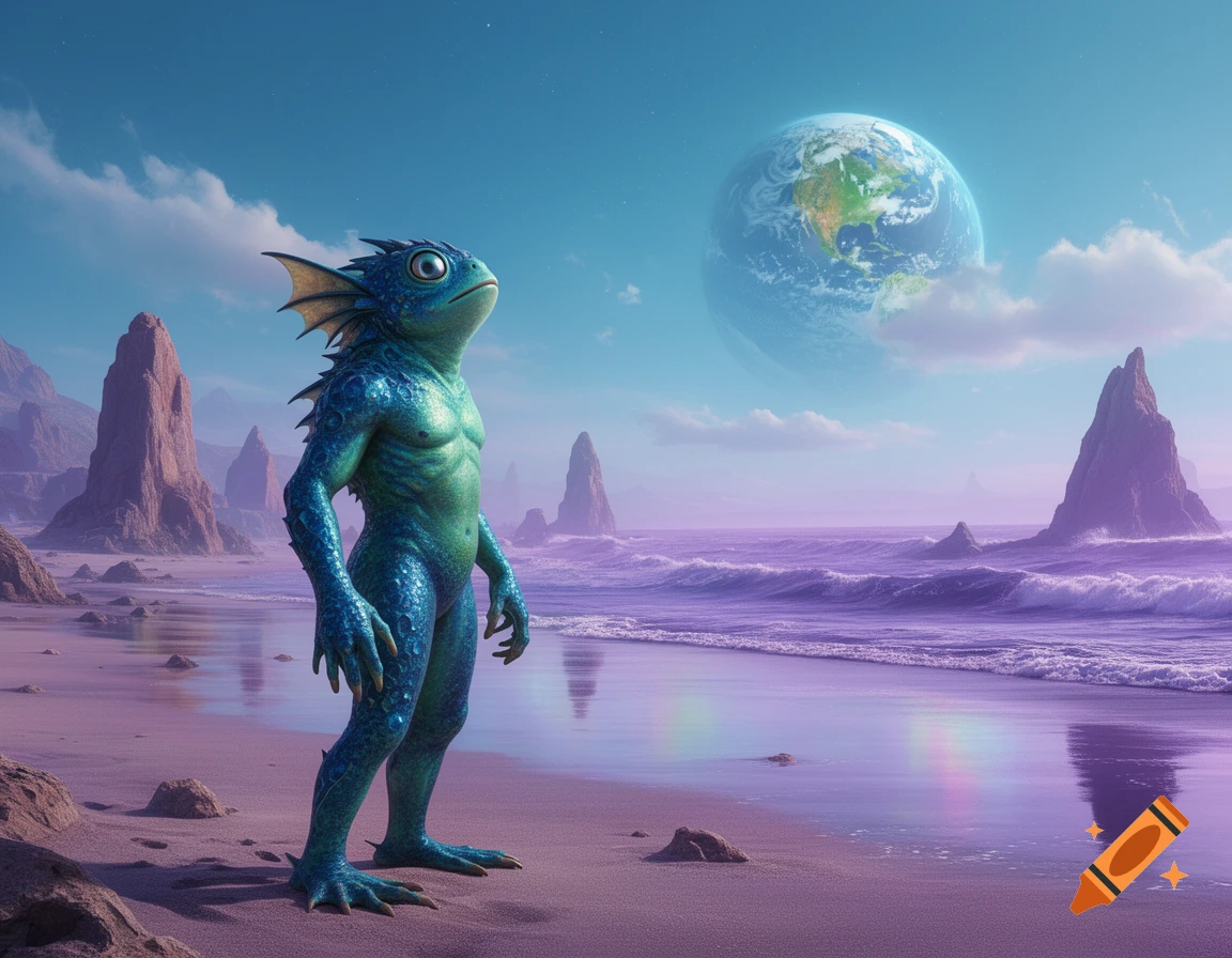 A bipedal, blue-green amphibian-like creature stands on a purple beach, gazing up at a large Earth in the alien sky.
