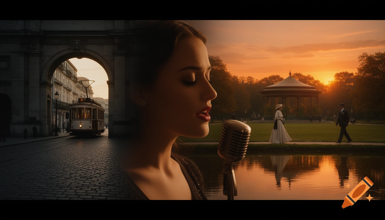 Cinematic split image of a woman singing into a vintage microphone, a tram on a European street, and a park at sunset.