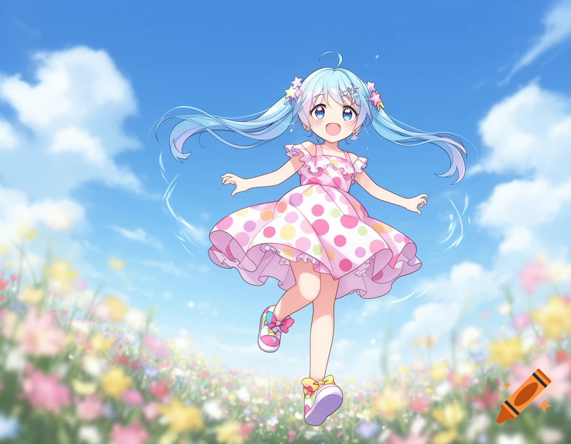 Anime girl skipping joyfully in a vibrant field of flowers under a blue sky.