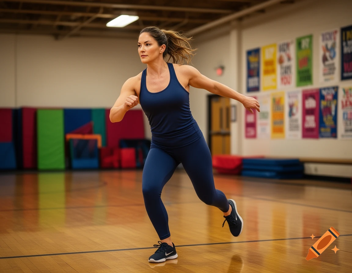 A strong woman in blue activewear jogs on a wooden court in a gym.
