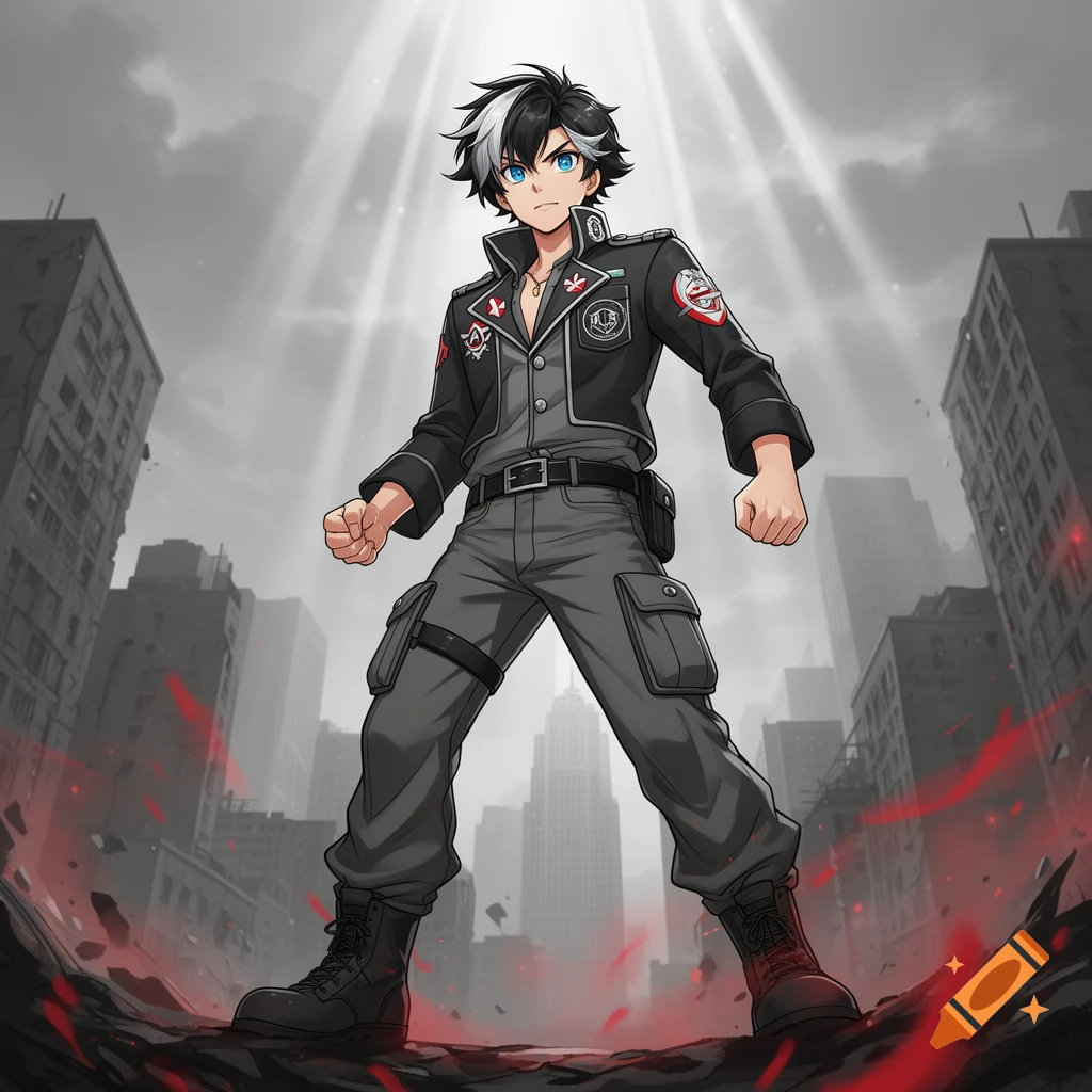 Anime male character with black and white hair, blue eyes, in a black uniform, standing heroically in a ruined city under light rays.