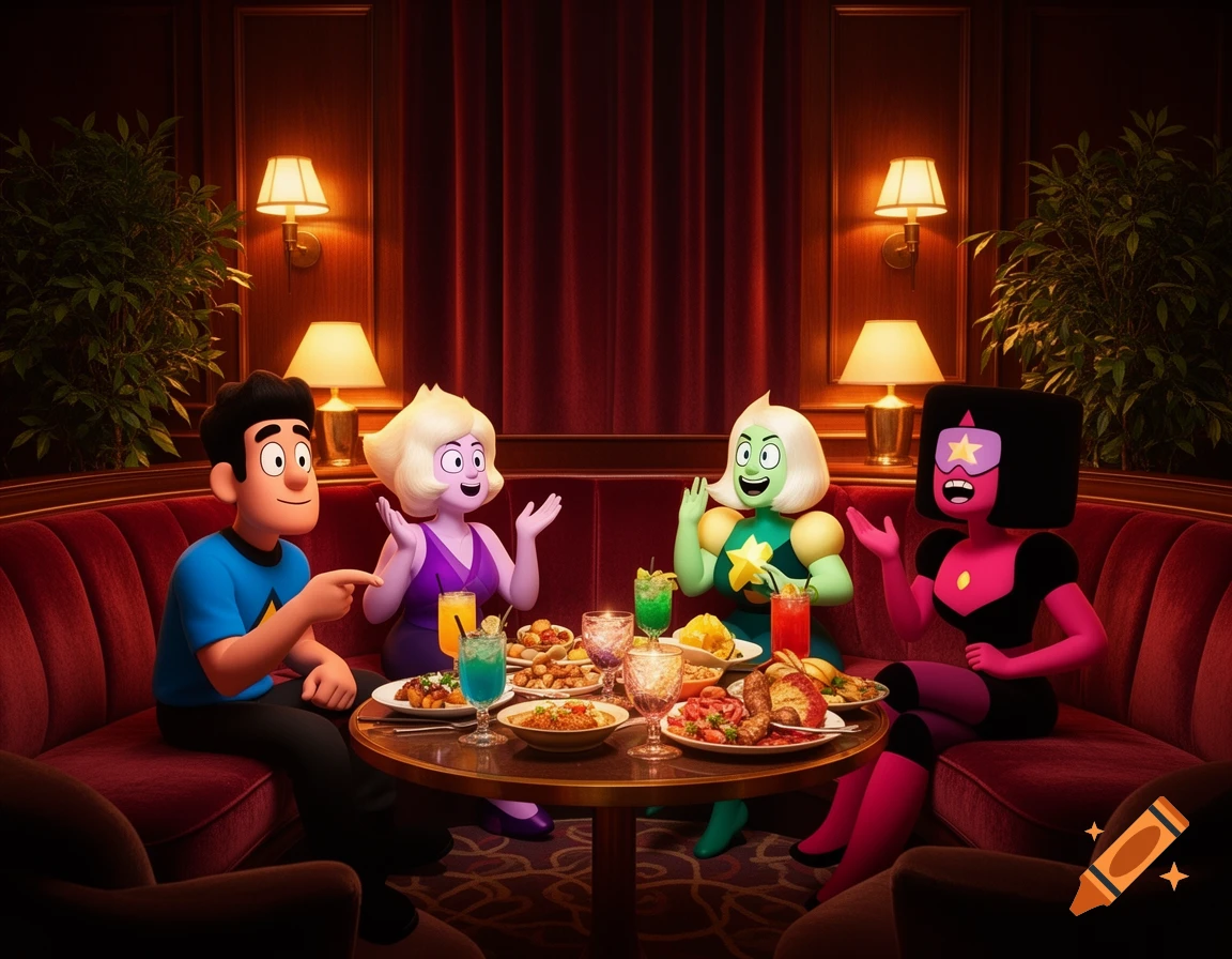 Steven, a purple-skinned character, Peridot, and Garnet from Steven Universe share a lavish meal in a dimly lit, cozy restaurant.