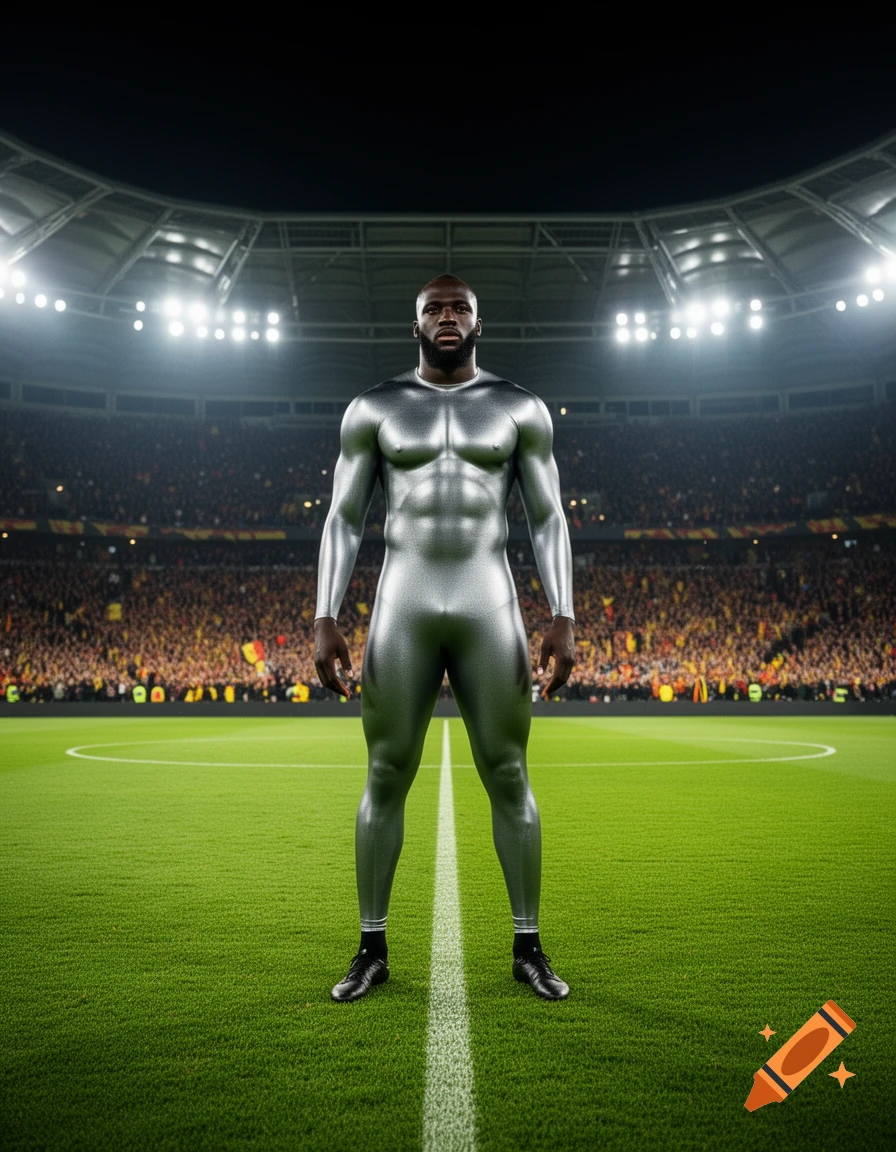 A photorealistic image of a man resembling Romelu Lukaku in a silver skin-tight suit standing on a football field inside a stadium at night.