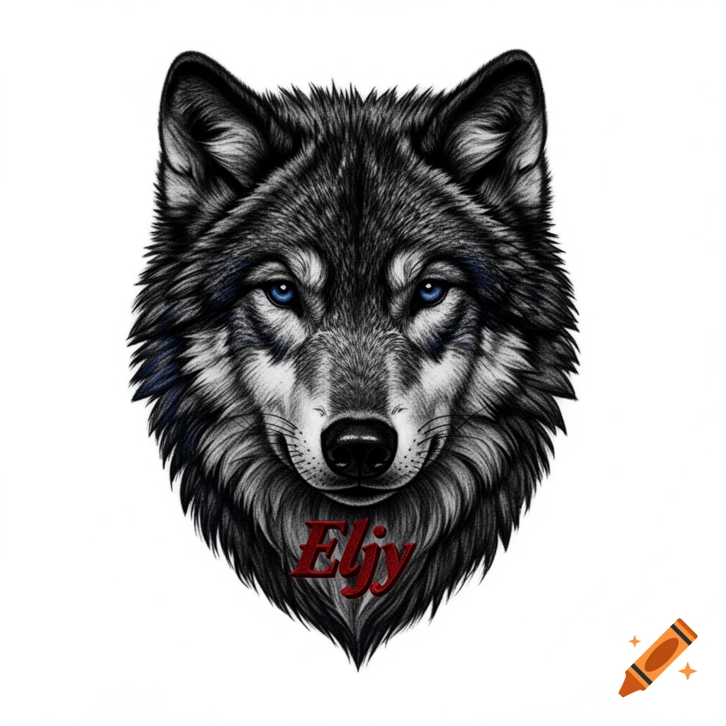 Detailed black and white illustration of a wolf's head with piercing blue eyes, featuring the red text "Eliy" below its chin, in a tattoo style.