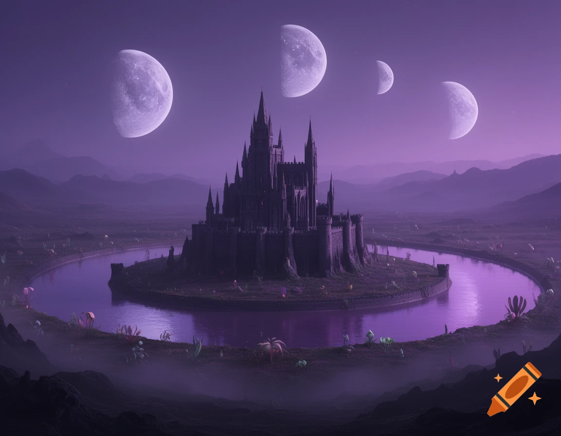 A dark gothic castle on an island within a purple moat, under a purple sky with three moons on an alien planet.