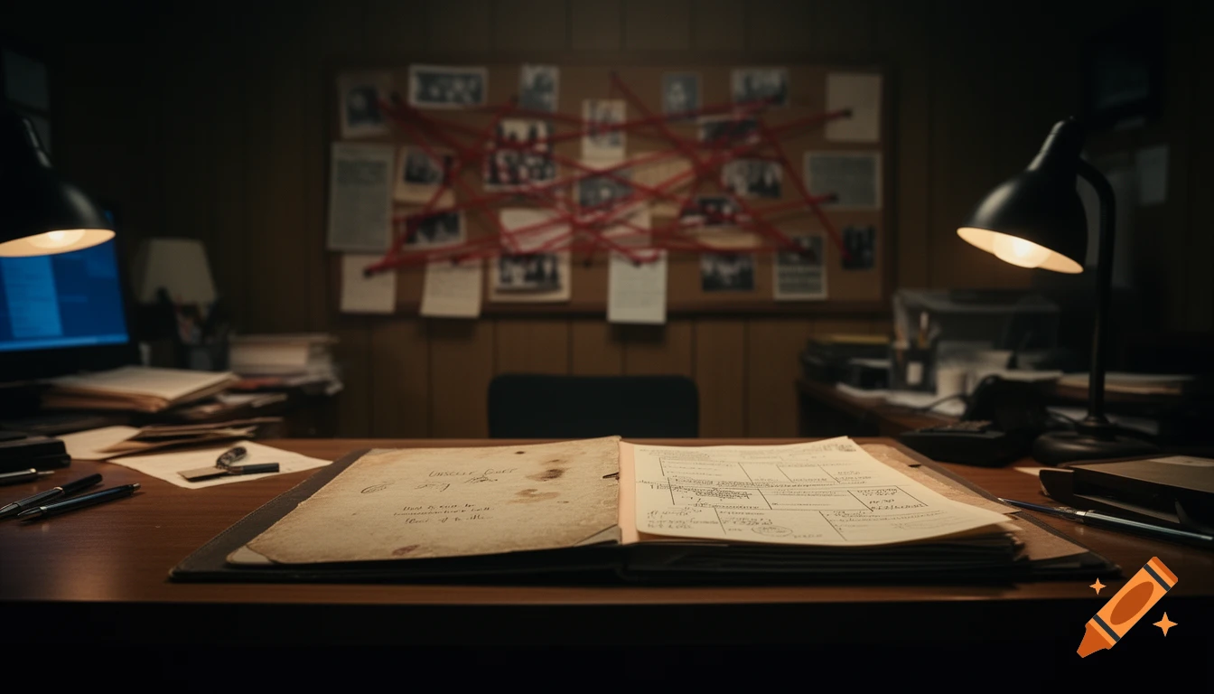 A dimly lit detective office desk with an open, old case file, pens, and two lamps. A blurry red string board is in the background.