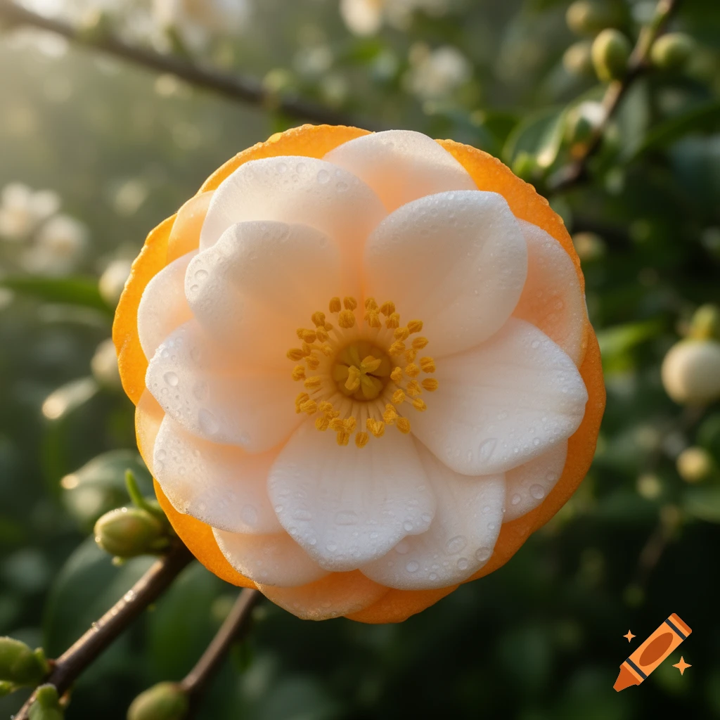 A close-up photorealistic image of a white flower with a yellow center and orange outer petals, covered in small water droplets, against a blurred green background.