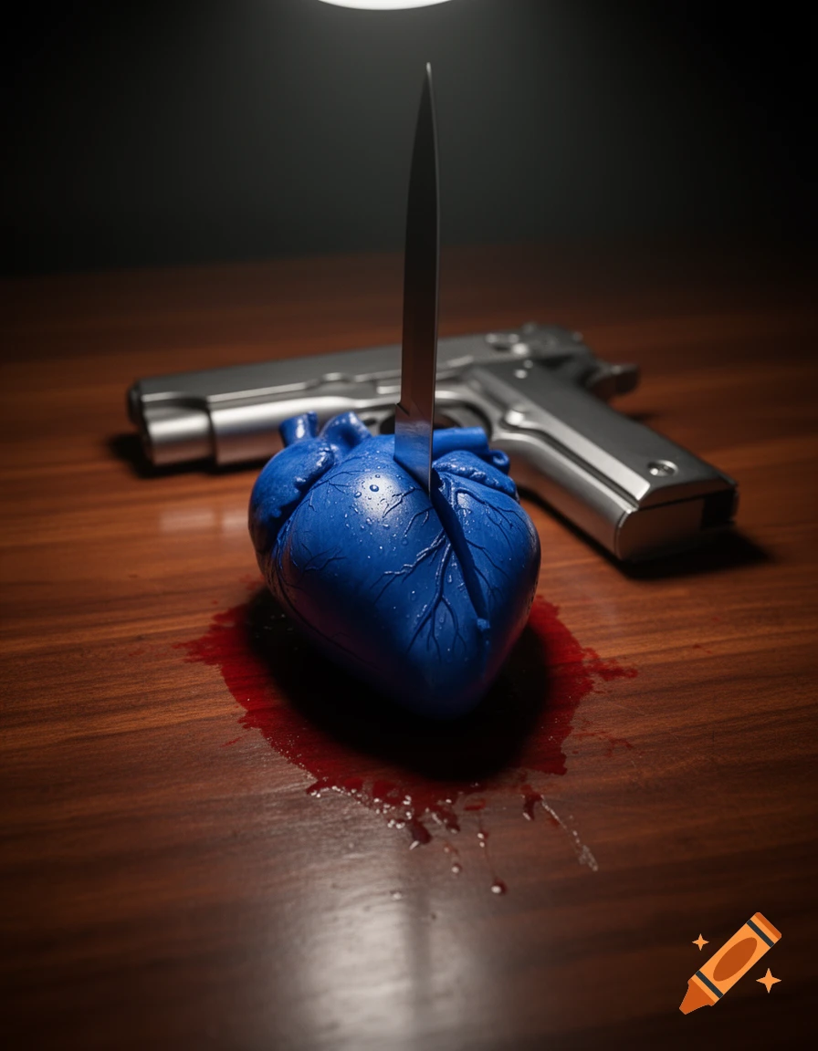 A blue anatomical heart is stabbed by a knife on a wooden table with blood, a gun in the background.