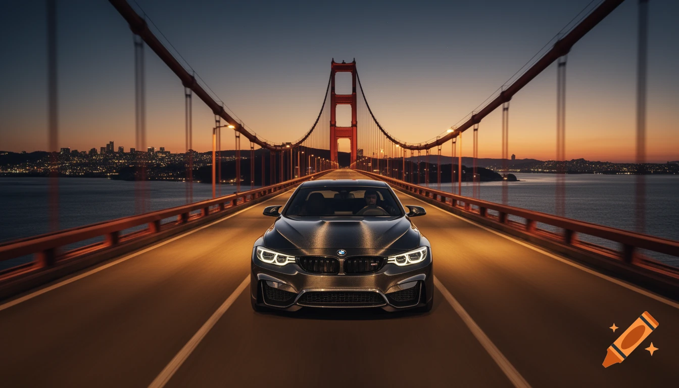 A black BMW M4 drives towards the camera on the Golden Gate Bridge at dusk, with city lights in the background.