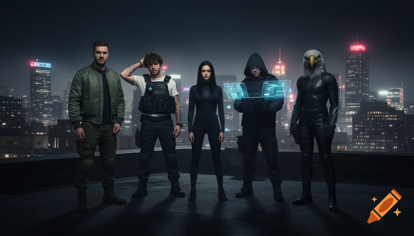 Five covert operatives, including one with an eagle head, stand on a dark urban rooftop at night with a glowing city skyline in the background, in a photorealistic style.