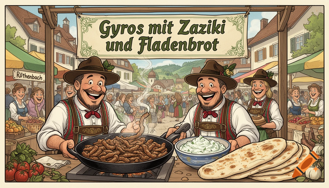 Comic illustration of two cheerful men in traditional Bavarian attire cooking gyros, tzatziki, and flatbread at a lively market in Röthenbach.