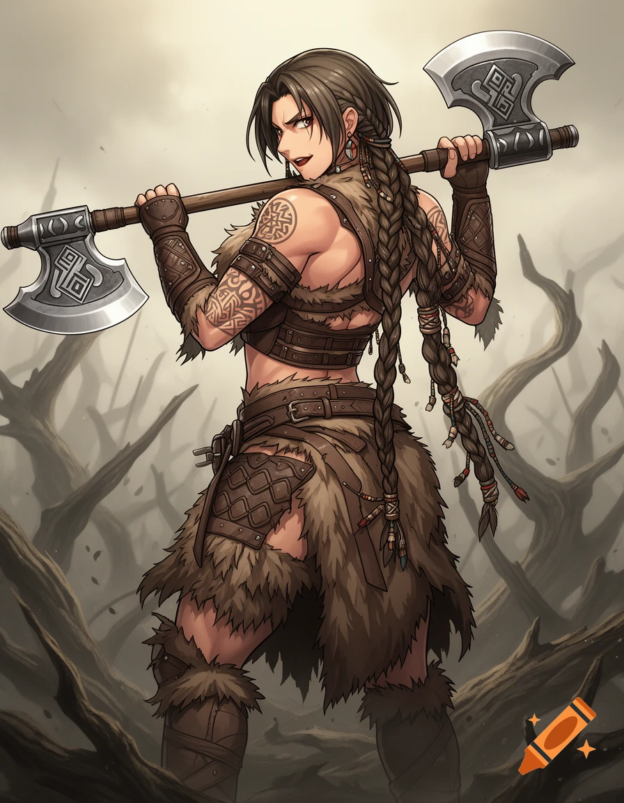 Anime-style female warrior in fur and leather armor, with braids and tattoos, holds two ornate axes over her shoulders, looking back.
