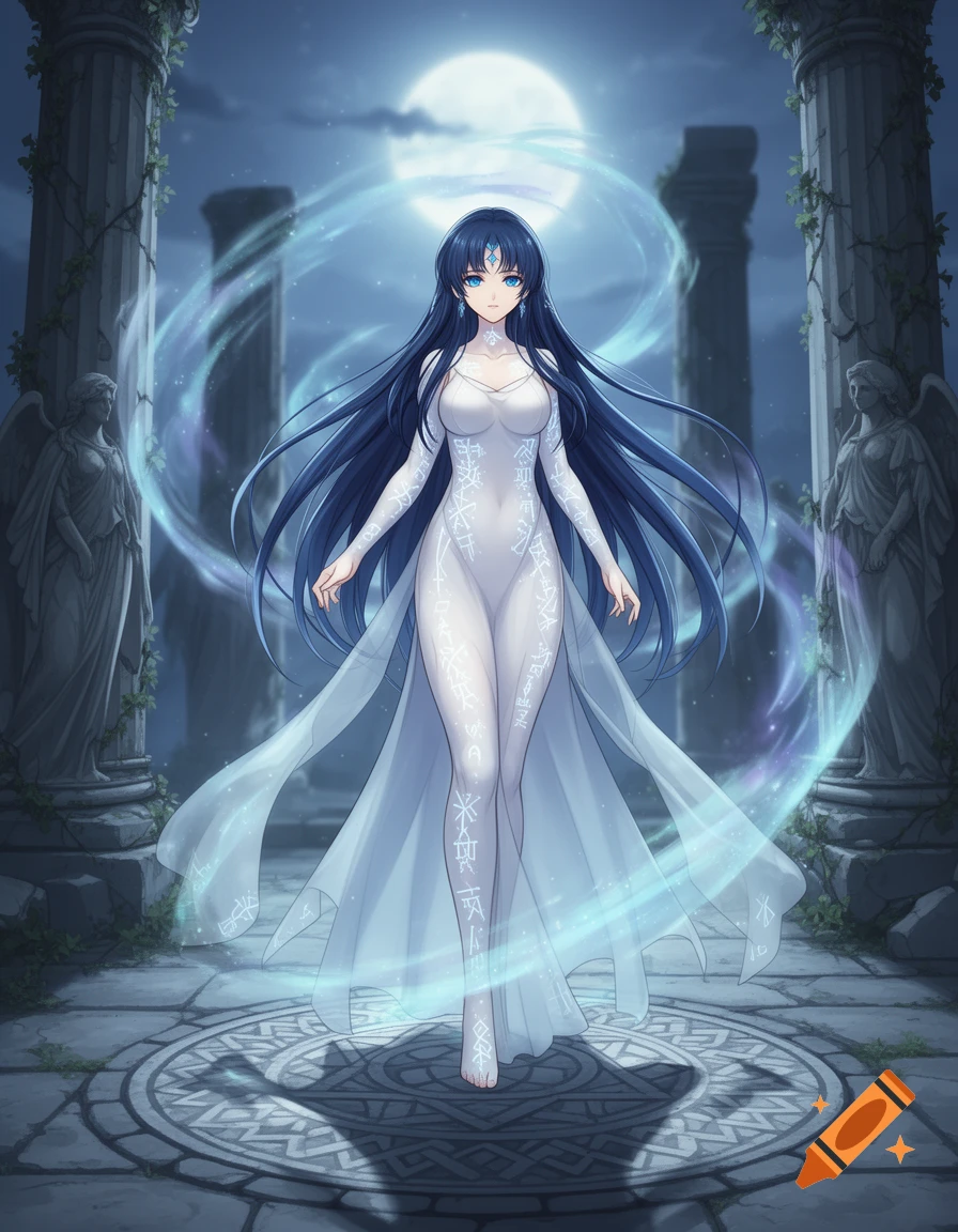 An anime sorceress with long blue hair and a sheer white dress adorned with symbols stands in ancient ruins under a full moon, surrounded by mystical energy.