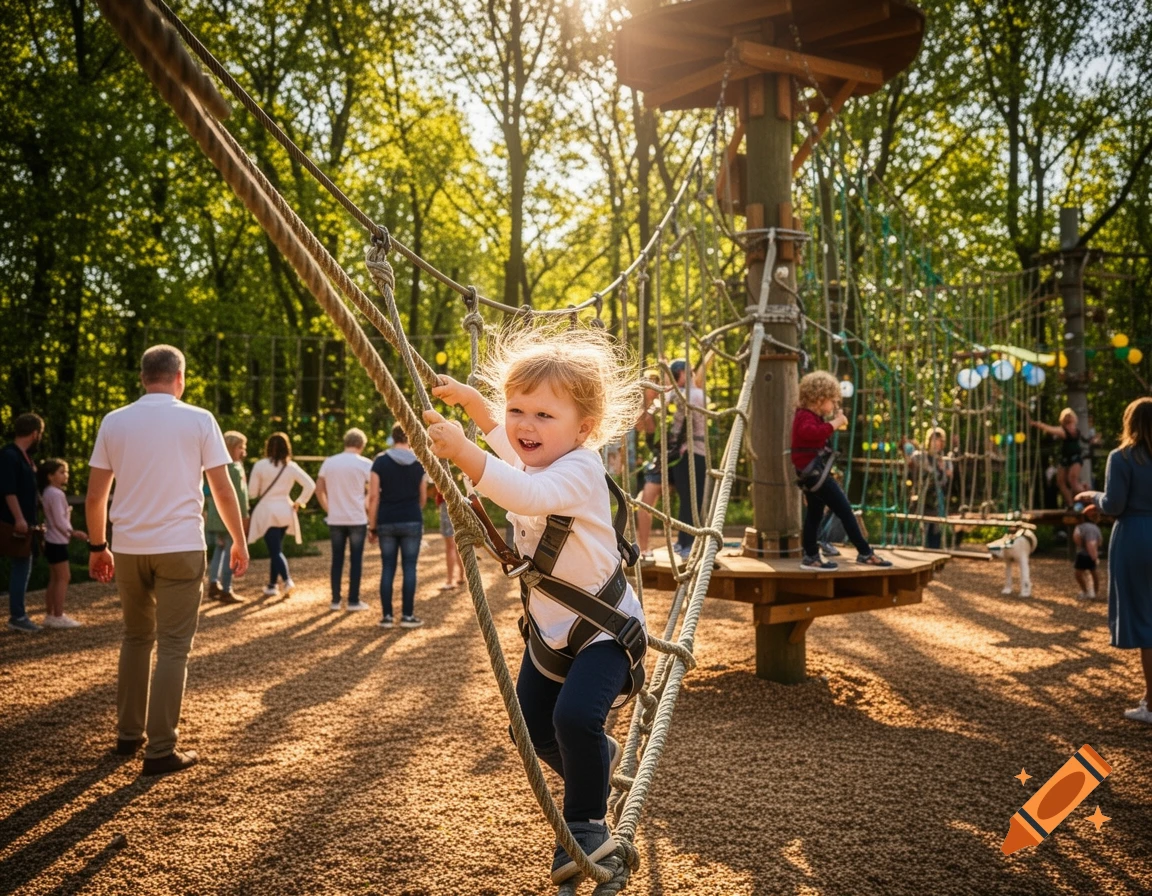 A smiling child with a safety harness climbs a rope course at an outdoor adventure park during sunset, with other people and trees in the background.