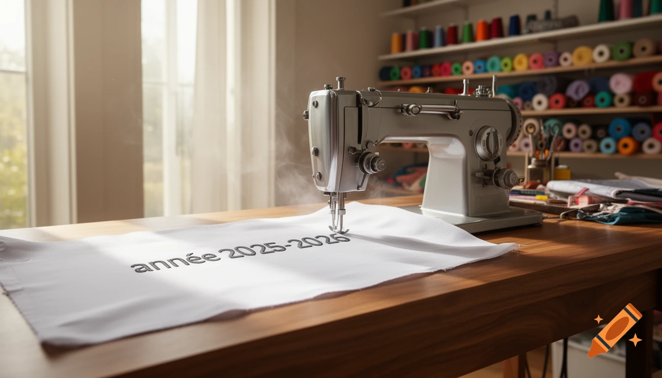 A sewing machine embroiders the text 'année 2025-2026' onto white fabric on a wooden table, in a well-lit crafting room.