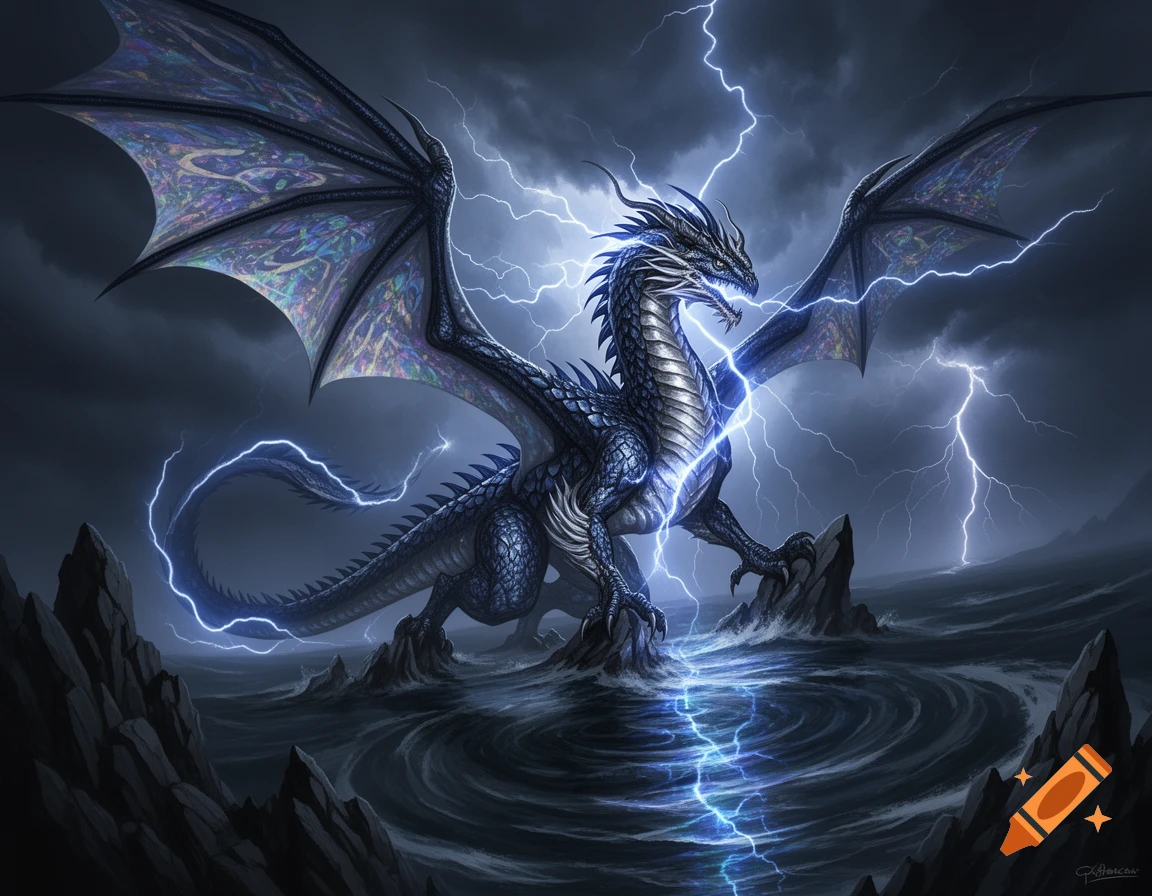 A powerful blue-scaled dragon with iridescent wings roars amidst a stormy ocean with vivid lightning striking around it.