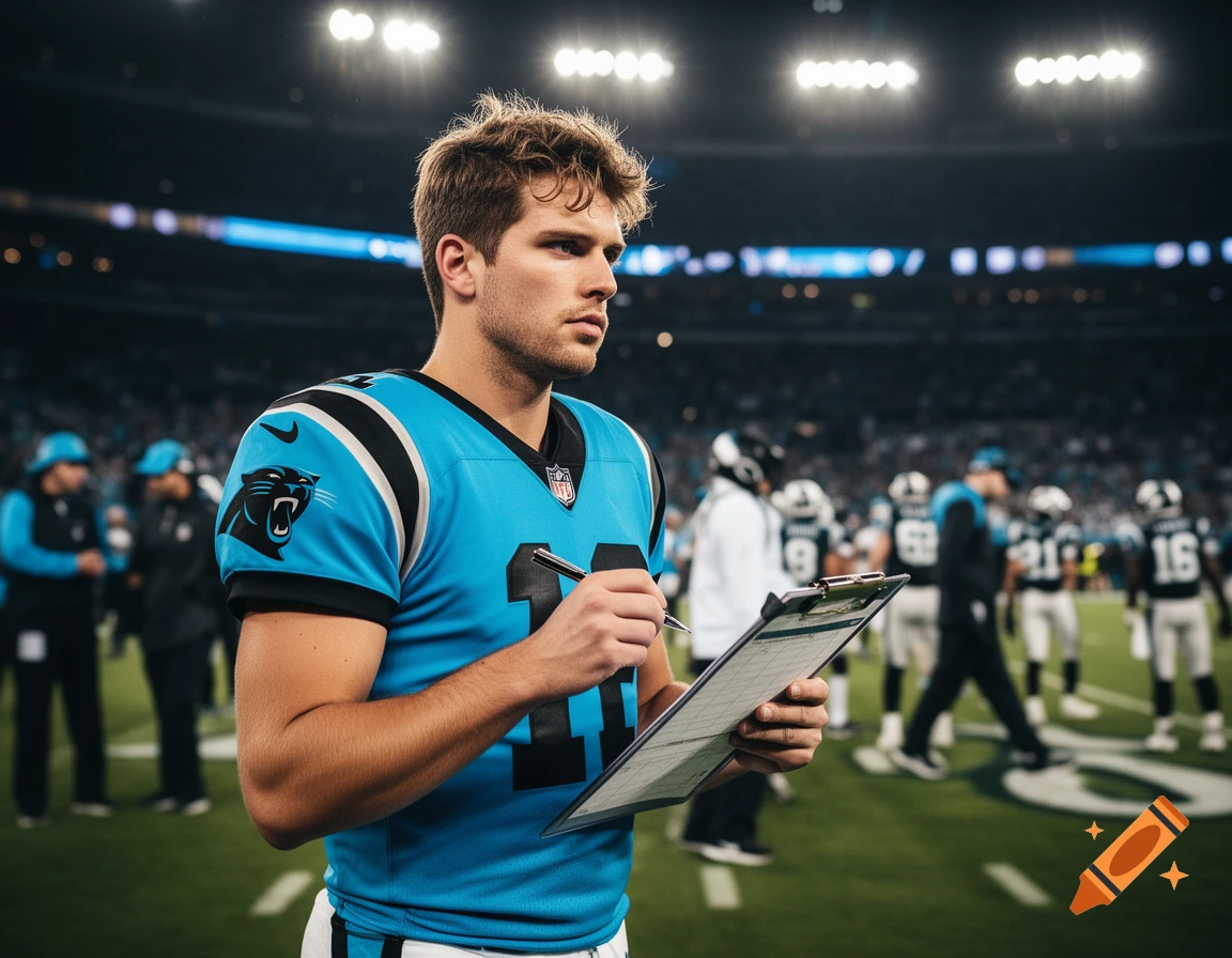A male football player in a blue Carolina Panthers jersey holds a clipboard and pen on the sidelines of a stadium at night, looking intently.